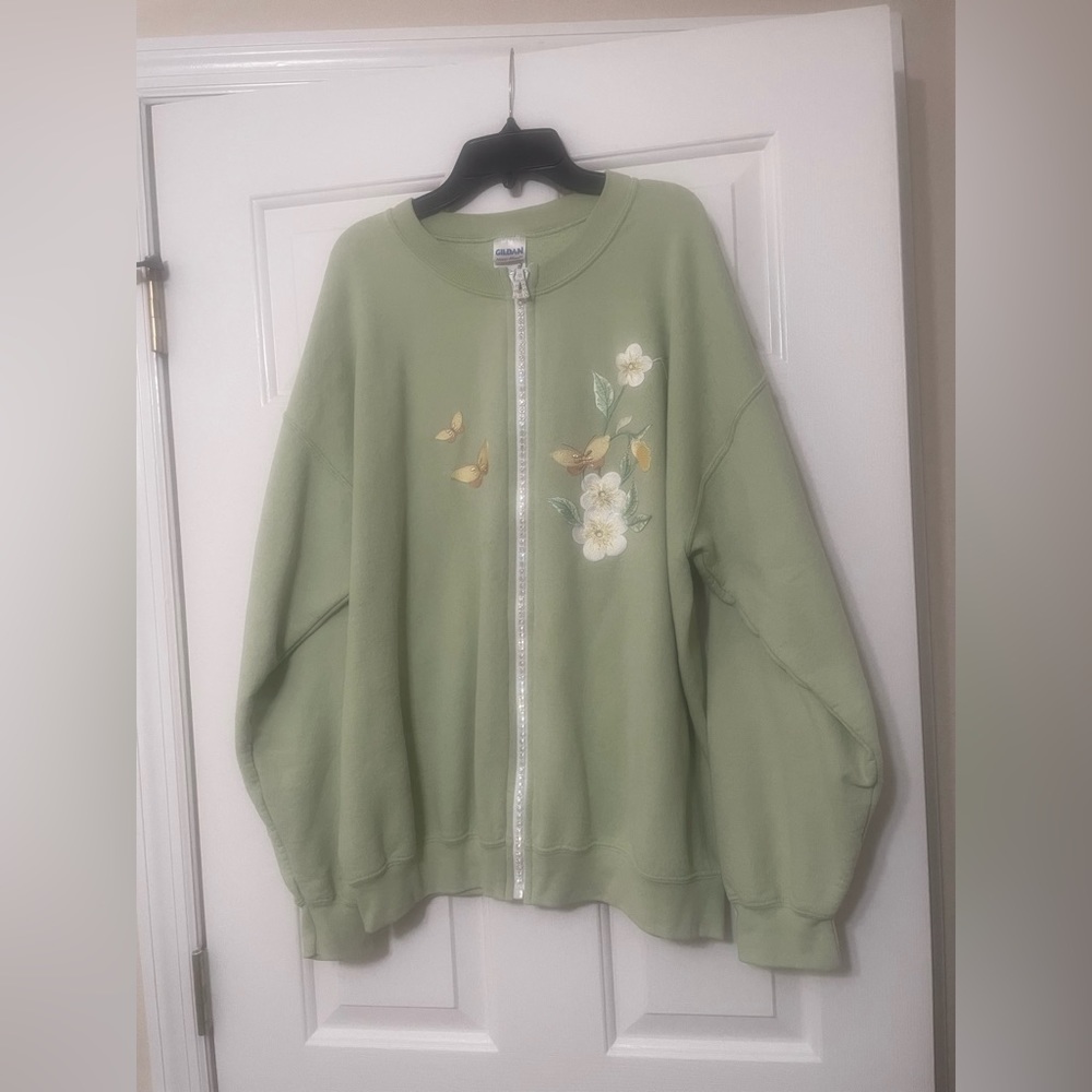 Gillian heavy-blend jacket /embroidered butterflies, flowers, bedazzled zippers.